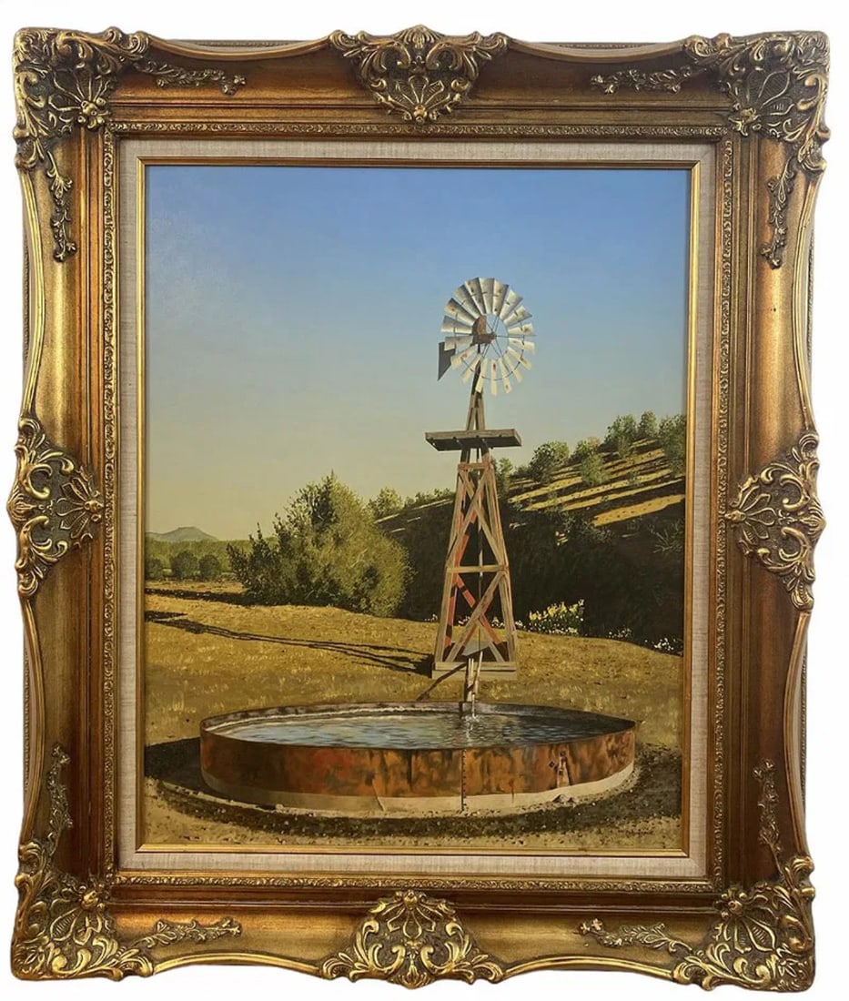 1982 Western Windmill Oil Painting by Walt Johnston: Frame: 40 in H x 34 in Painting: 30 in L x 24 H ****** 1932-2018Simply put, Walt Johnston was a contemporary realist. He looked at everything in the most modern way, saw the underlying abstract form, 