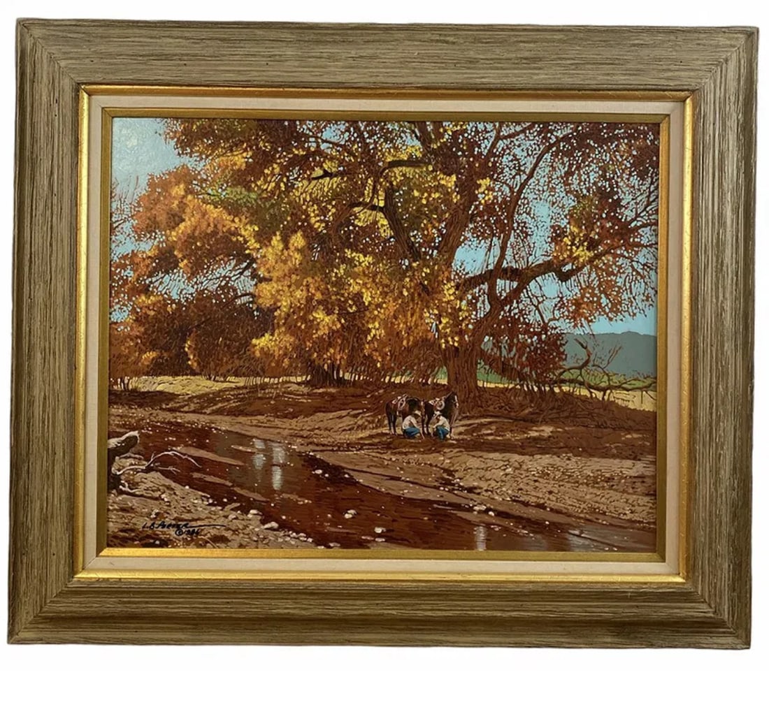 1986 Western Oil Painting by L. Benjamin Porter: Frame: 38 H x 32 in Painting: 28 in L x 22 H ****** Born: 1929 - El Paso, TexasKnown for: Female nude in western landscape painting, romanticism, decorationName variants: Lawrence Benjamin