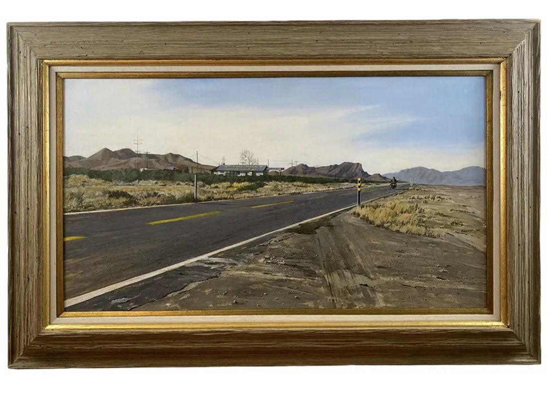1984 Road Oil on Panel Painting by Garriot: Frame: 46 in L x 30In H - Painting: 36 in x 20 in L Gene Garriott (1930-1995)Gene Garriott, realist painter of the rural West, was born in San Francisco, California in 1930 and came to make his home