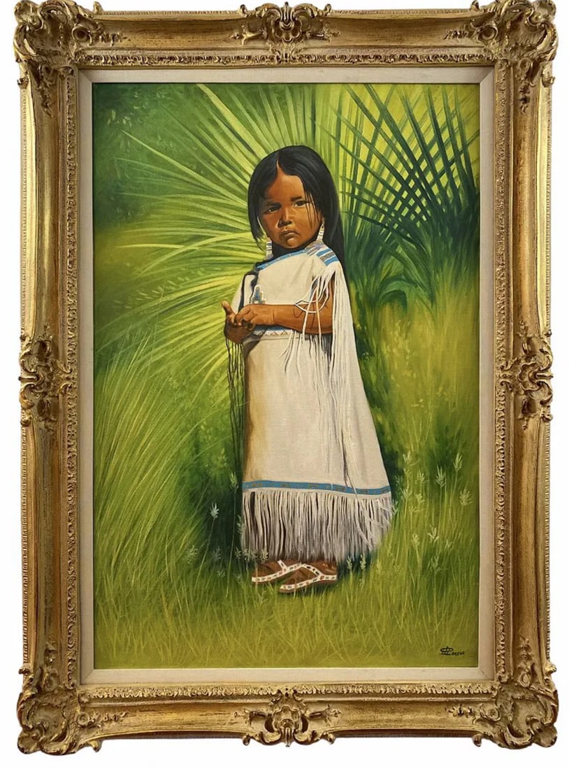 Native American Girl Oil Painting by Moreno: 44 in H x 33 in L