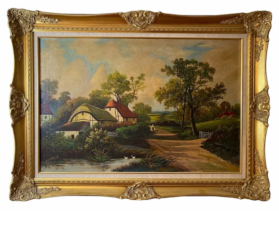 An English Farm Lane Oil Painting by B. M. Brown: 44 in L x 32 in H