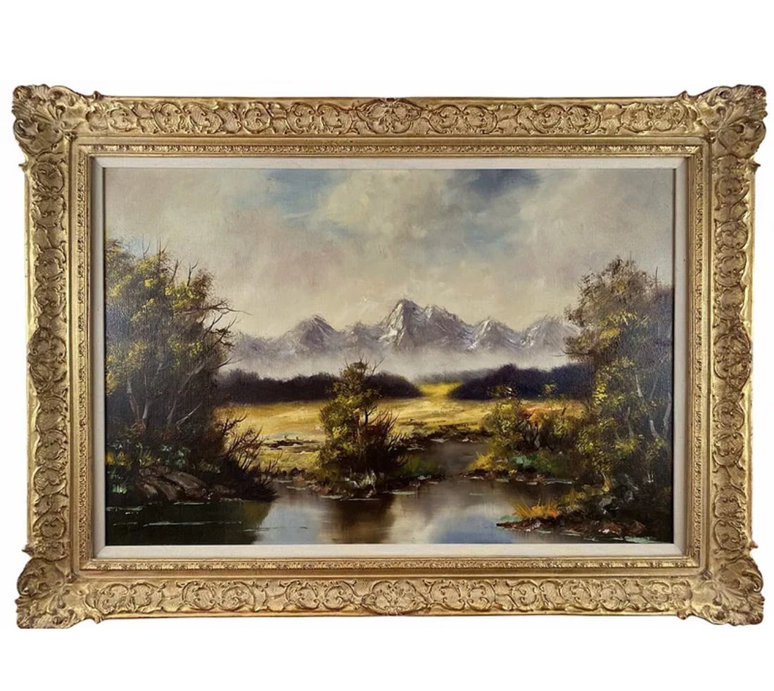 Landscape Oil Painting on Canvas - Signed: Frame: 44 in L x 31 in H