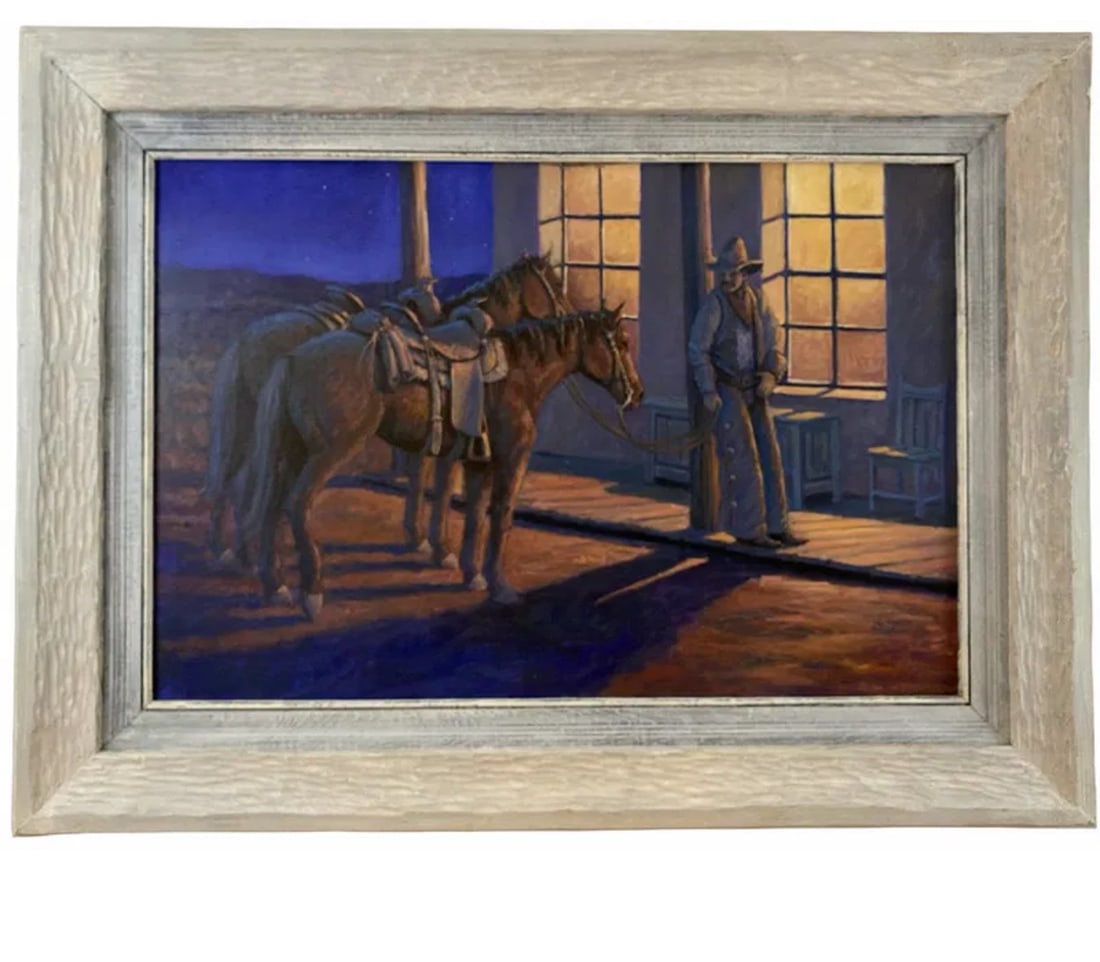 1991 Western Oil Painting by J. R Lusk: Western oil Painting Signed by J. R. Lusk Frame: 46 in L x 36 in - Painting: 35 in L x 23 in H