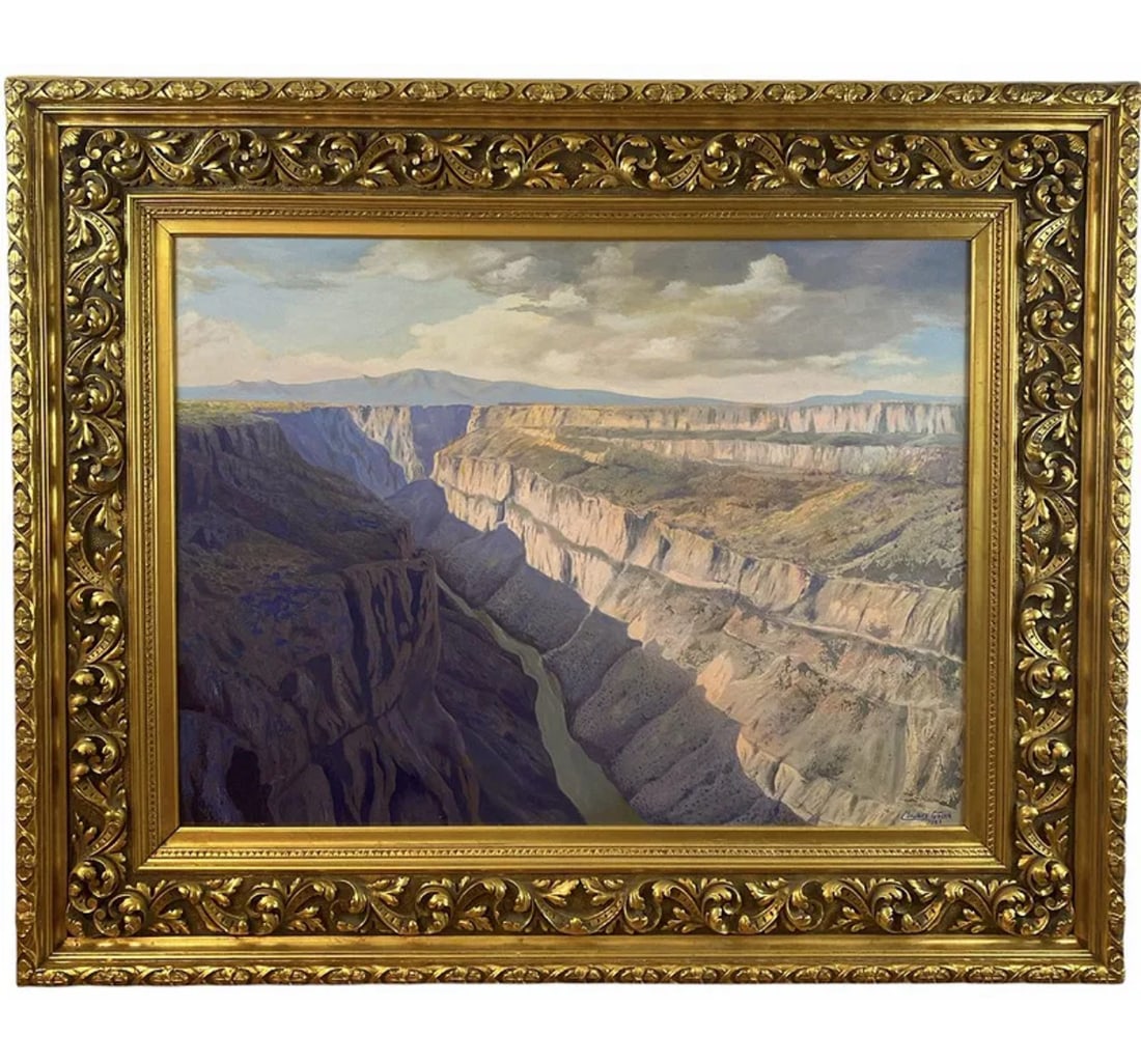 1987 Colorado River Landscape Oil Painting by Maurice Green: Wood Panel Painting - Extra large - Solid Frame. Measurements: 56 L x 45 in H - Painting 39 in L x 29 H .