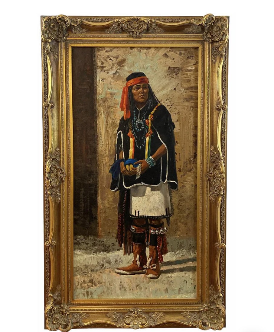 Large Native Indian Oil Painting: Unknown artist- Frame: 59 in L x 35 in H -