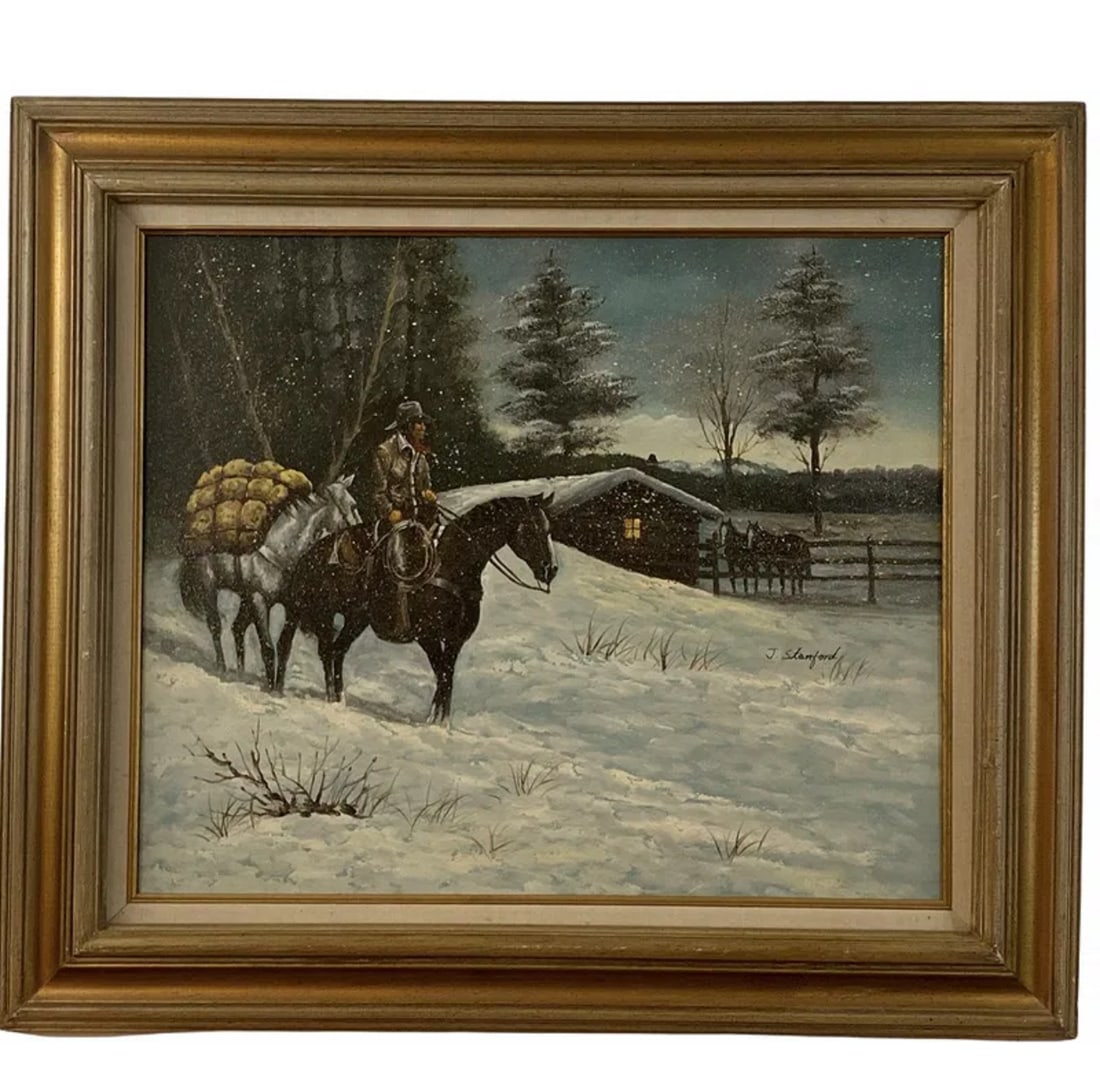 Snow Western Oil Painting by J. Stanford: Frame: 32 in x 28 in - Painting: 24 in x 20 in
