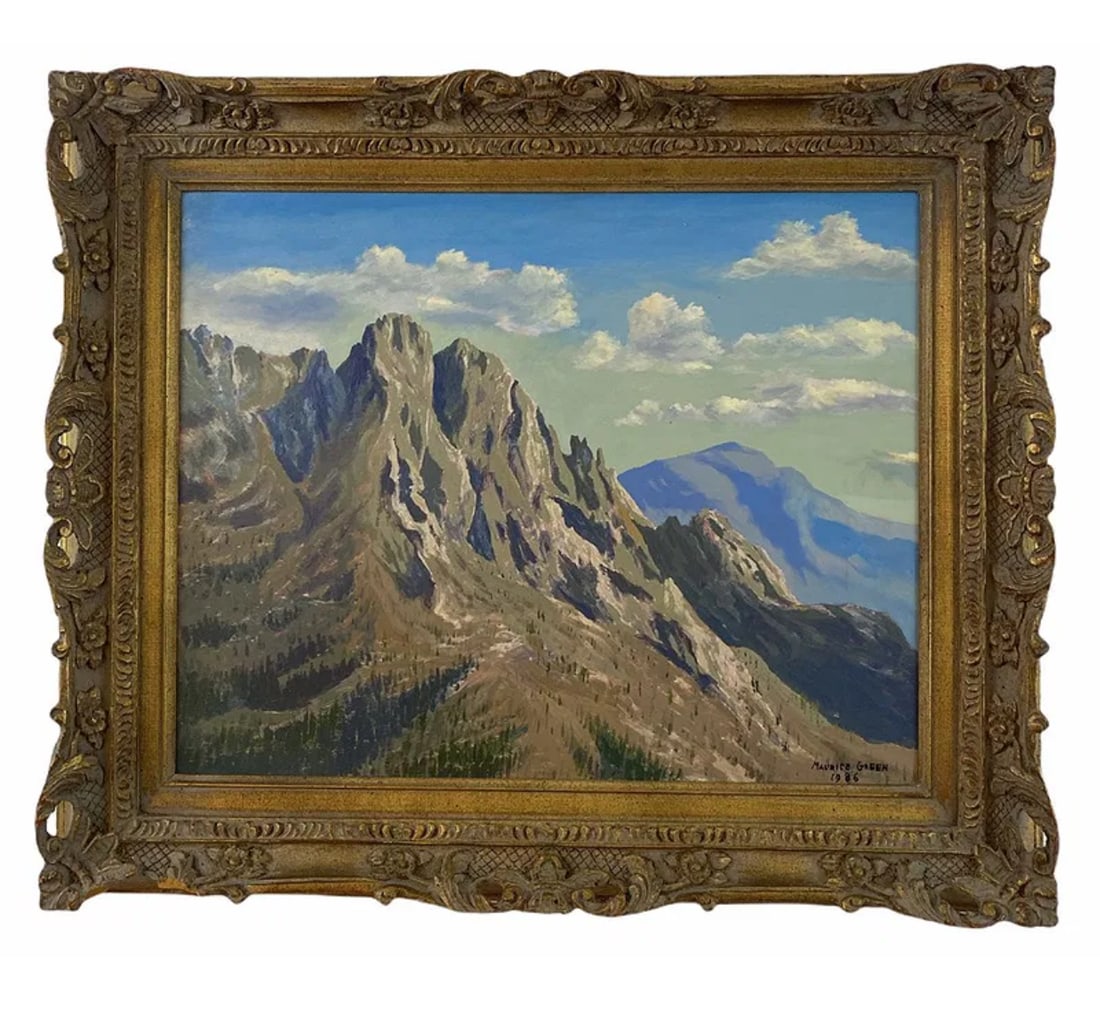 1986 Landscape Mountain Oil Painting by Maurice Green: Frame: 26 x 22 in - Painting: 19 1/2 x 15 1/2 ****Maurice Green Oil on canvas by famous Albuquerque artist Maurice Green who lived and worked in Albuquerque until he passed in 2000. Its oil on Canvas 
