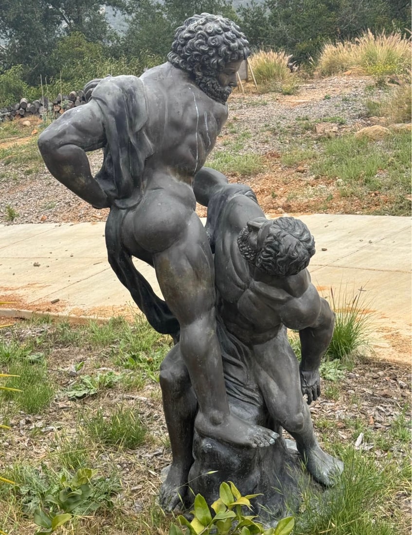 Life Size Hercules and Anteus Bronze Sculpture: 80” tall - Impressive bronze statue depicts Hercules wrestling Antaeus. Has intricate details on musculature and facial expressions. Great for outdoor or indoor display.