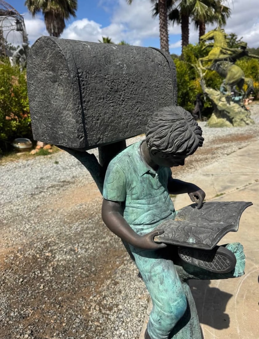 Life Size Bronze boy reading mailbox garden statue - 2
