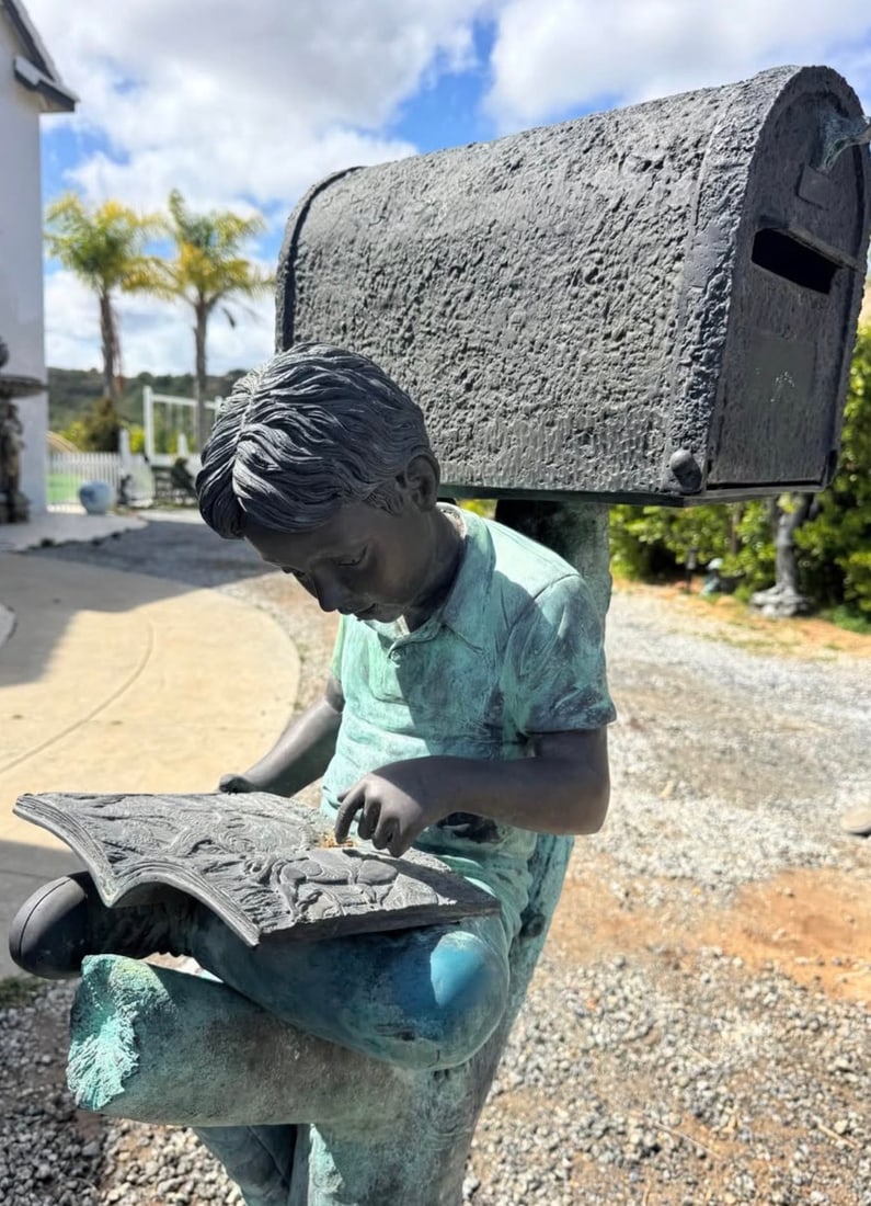 Life Size Bronze boy reading mailbox garden statue - 3