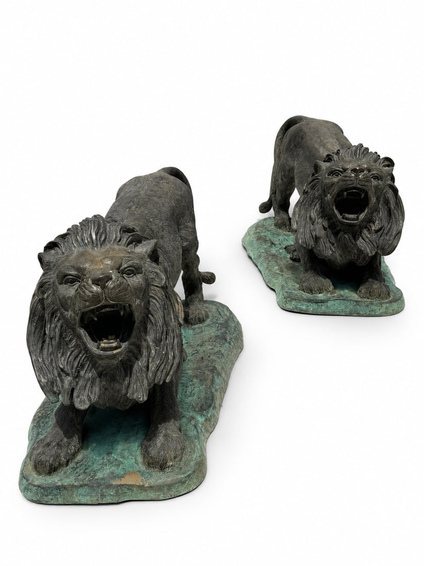 Monumental Bronze Lions Sculptures Signed S. Keliam: Size: 67” x 34” H x 35”