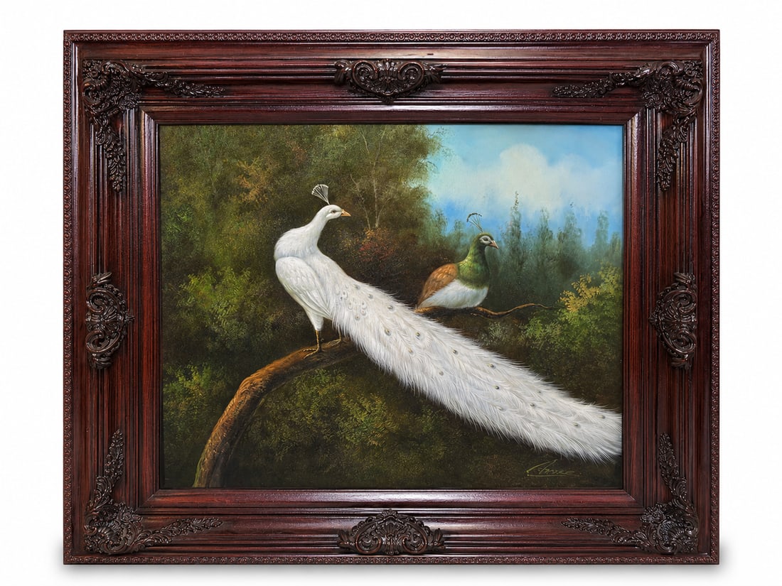 Elegant Framed Peacock On Canvas with Ornate Carved Wood Frame (1 of 1)