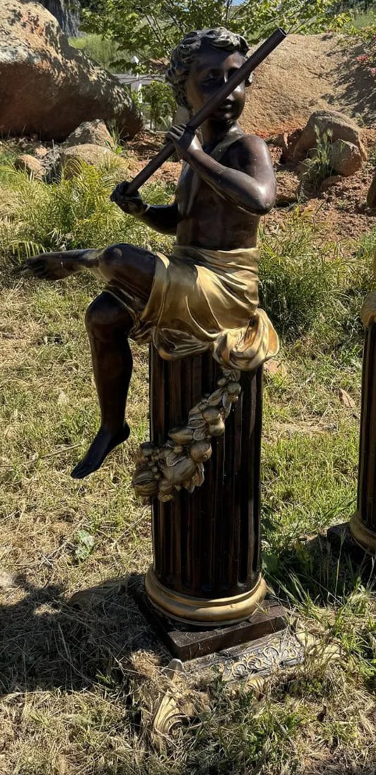 Life Size Bronze Boy with Instrument Sculpture: Size: 60 in x 25 in 25 in