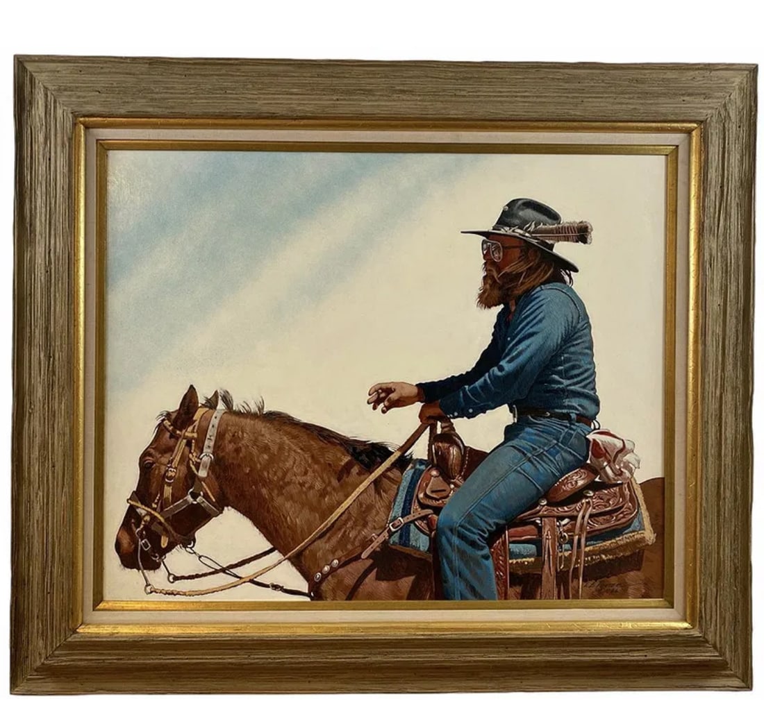 1986 American Feather Oil Painting by L. B. Porter: Frame: 40 in x 34 in H - painting 30 in x 24 in L *******L. b. Porter ** Born: 1929 - El Paso, TexasKnown for: Female nude in western landscape painting, romanticism, decorationName variants: