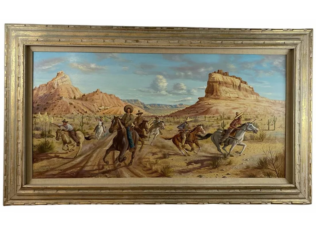 1981 Bandidos Oil Painting by Maurice Green: Frame: 58 in L x 33 in - Painting: 47 in L x 23 in H - Oil on Panel by famous Albuquerque artist Maurice Green who lived and worked in Albuquerque until he passed in 2000. Its oil on Canvas and
