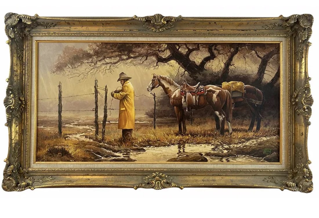 Rainy Day Western Oil Painting by Hector Morales: Frame : 43 x 25 in - Painting: 26 in L x 18 *** About HectorHector Moralesspecializes in southwestern art, and has been painting for almost fifty years. His specialities include oil and acrylic painti