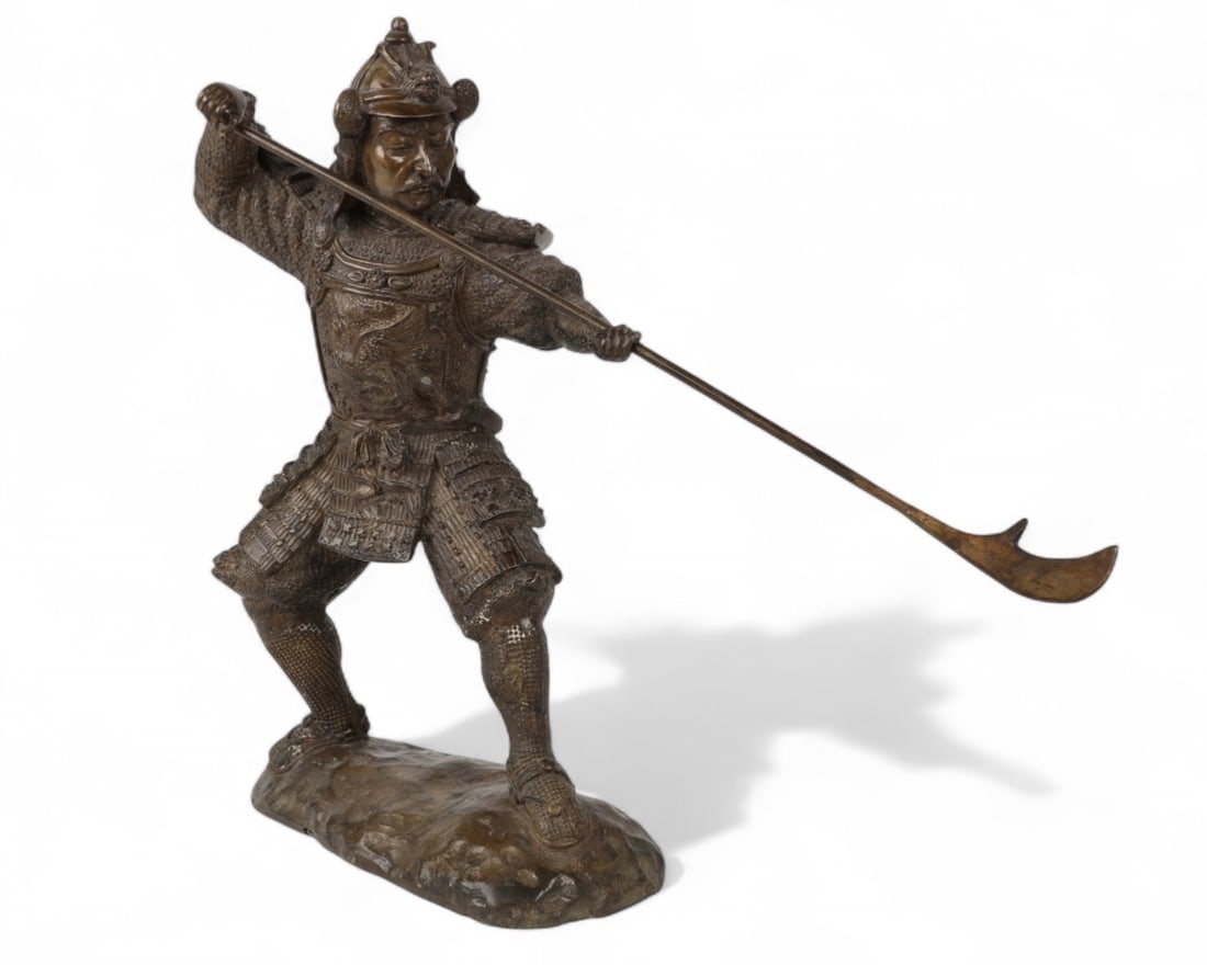 Bronze Samurai Warrior Sculpture: Size: 15 in H x 19 in L x 4 in