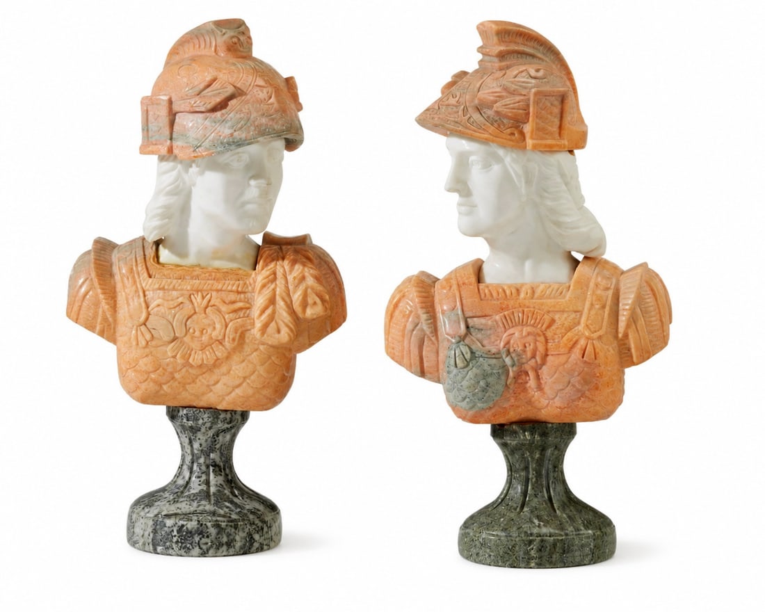 Pair of Carved Marble Classical Warrior Busts: Size: 22 in H