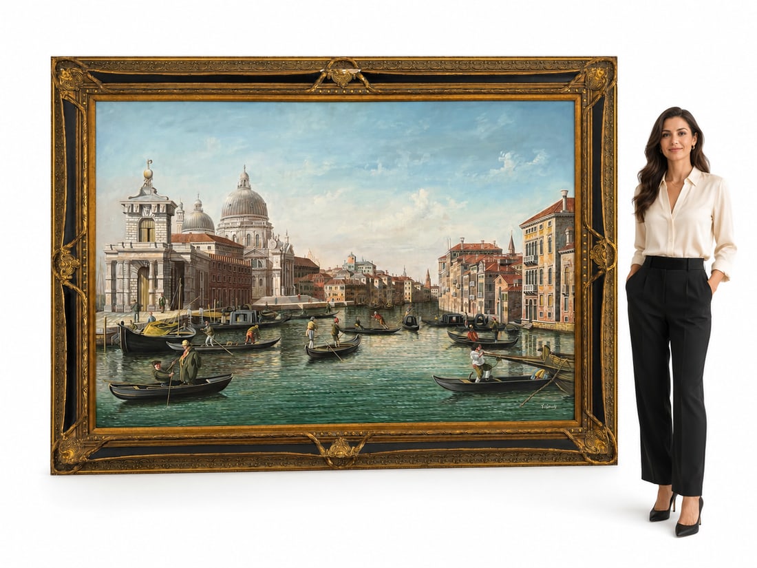 Huge Grand Canal Elegance — Venetian View Painting with Ornate Gilt Frame (1 of 6)