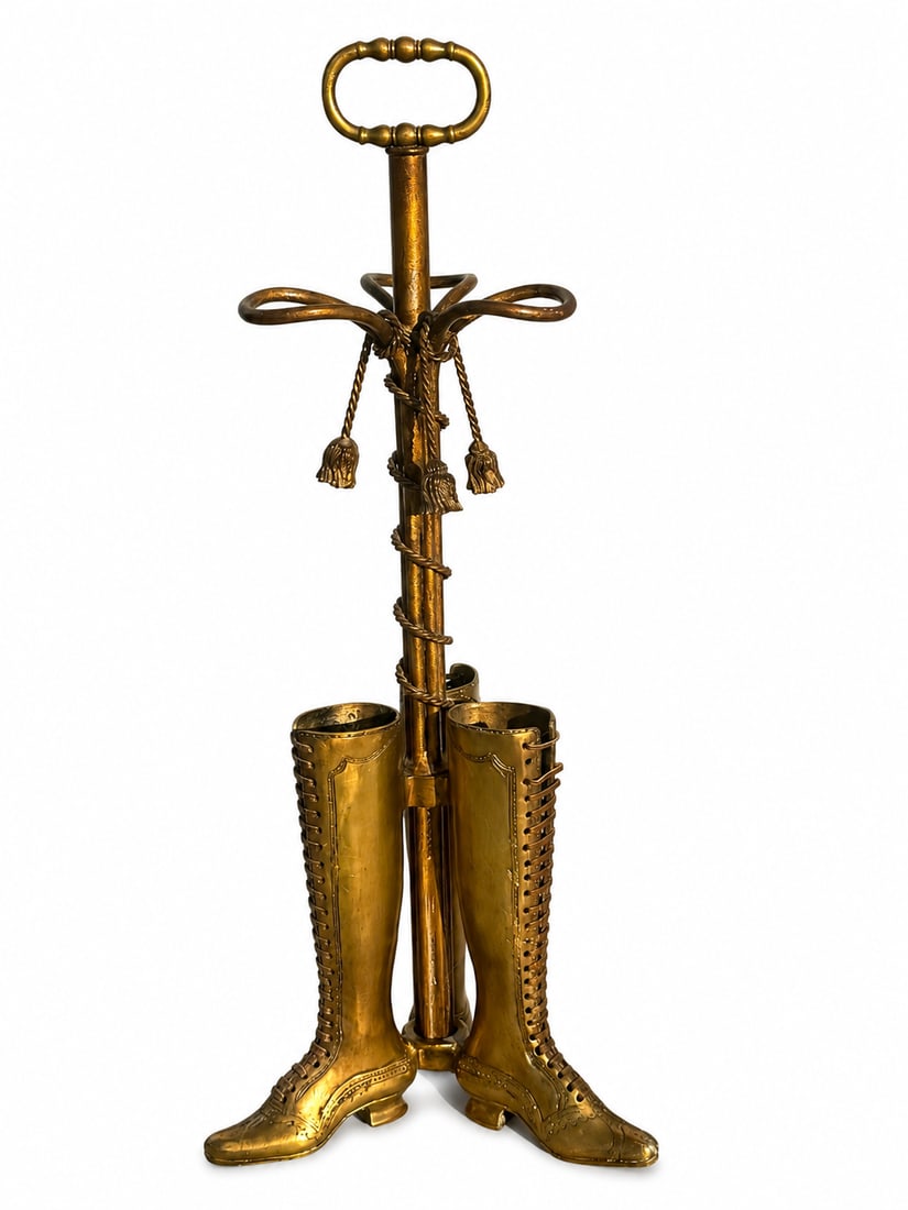 Brass Boots Umbrella Stand with Rope and Tassel Mid Century Modern Walking Stick Holder (1 of 2)