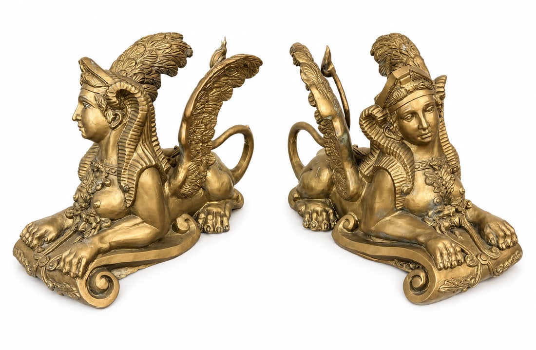 Large Egyptian Goddess Winged Sphinx BRONZE Statues (Pair): Size: 30” L x 20 in H