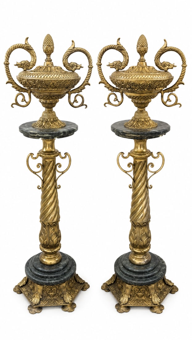 Pair of French Empire Style Gilt Bronze & Marble Pedestal Urns (1 of 2)