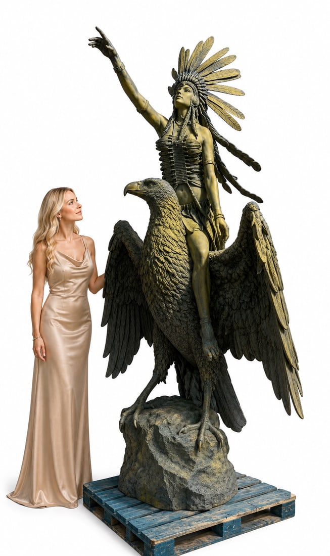 Monumental Bronze Sculpture of Native American Maiden Riding an Eagle (1 of 1)