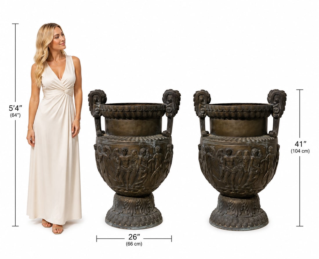 Pair of Monumental Italian Neoclassical Style Bronze Garden Urns with Classical Figural Reliefs: Size: 41 in H x 26