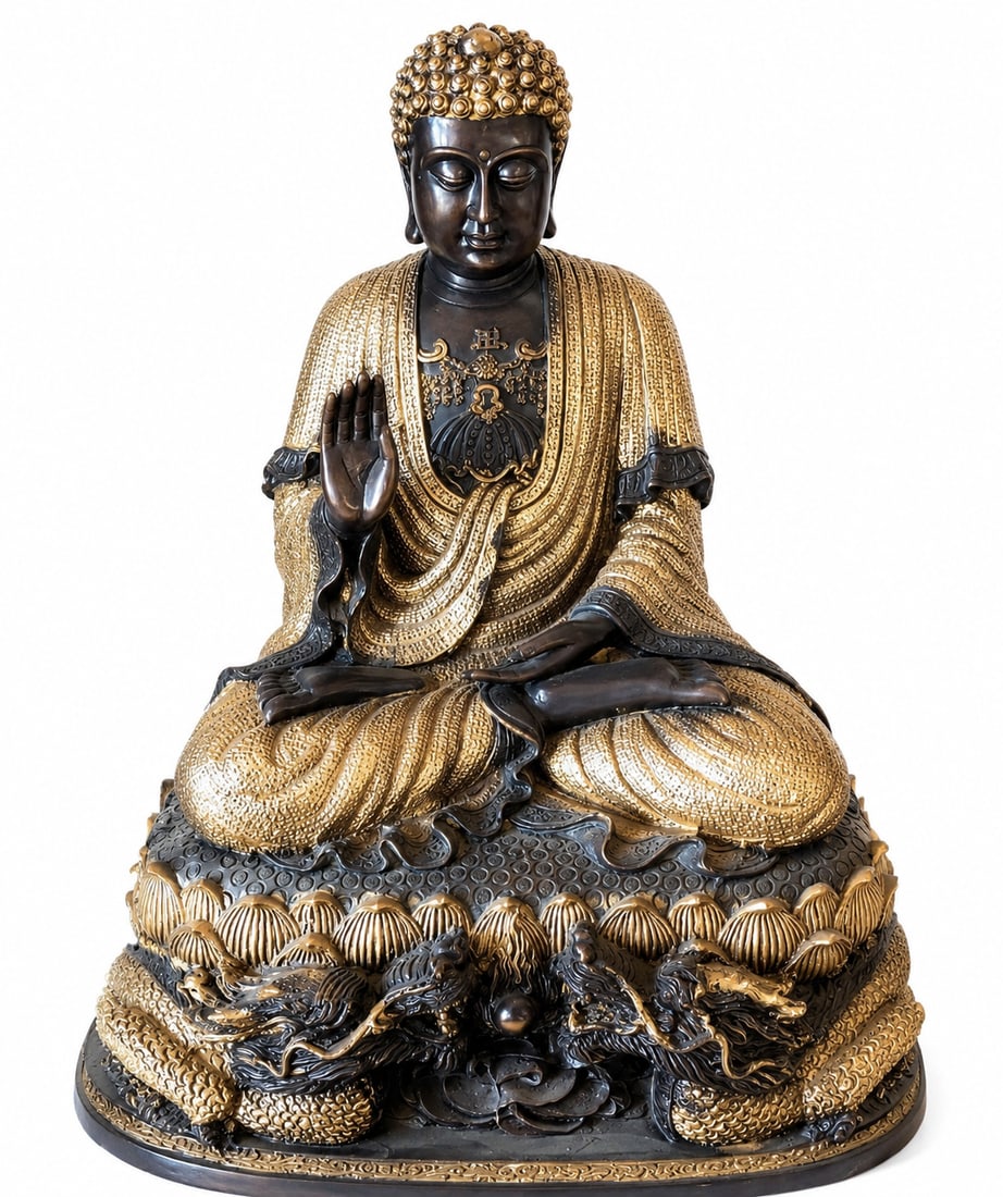 Large Gilt Bronze Seated Buddha Sculpture with Dragon-Decorated Lotus Base: Size: 15 in H x10 in