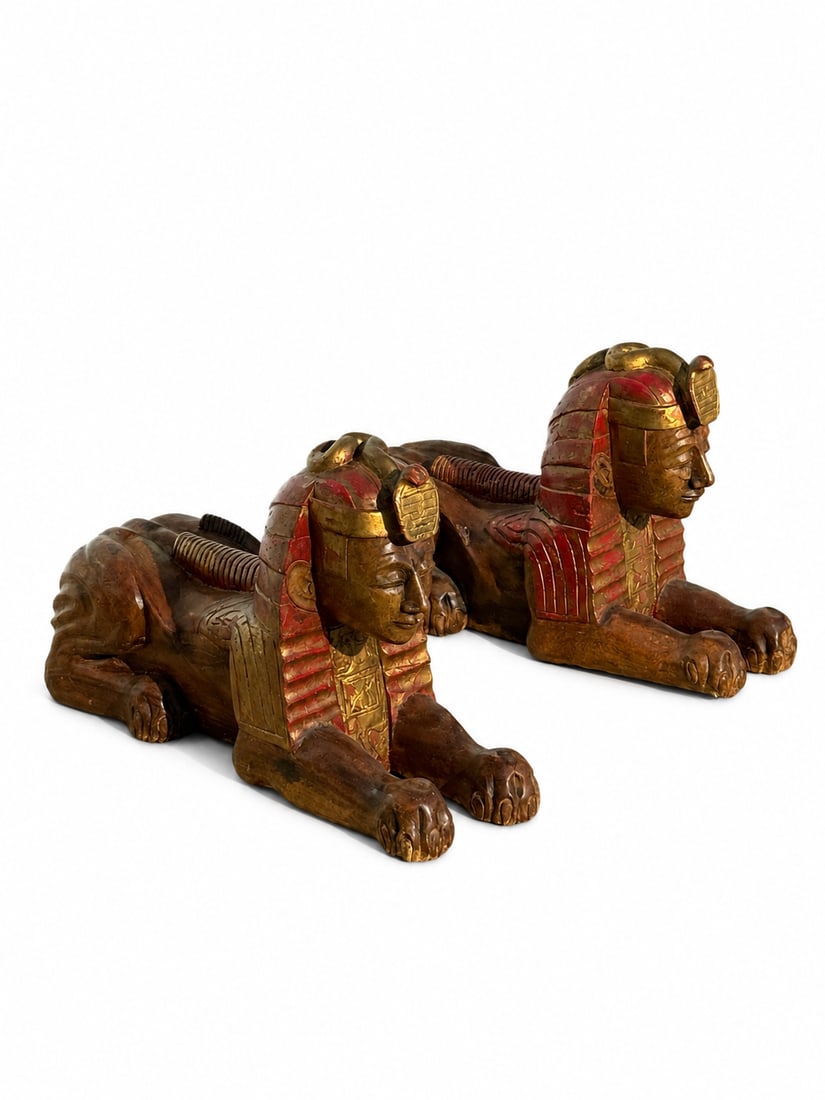 Pair of Hand-Carved Wooden Egyptian Sphinx Sculptures with Gilt and Red Accents (1 of 3)