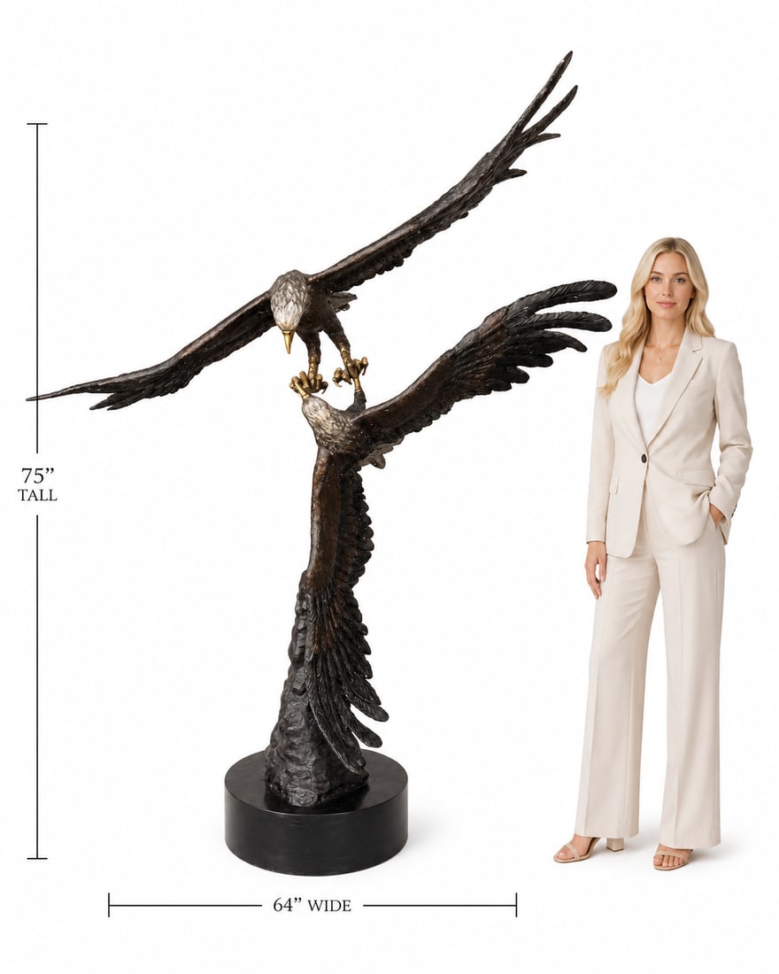 Life Size Bronze Eagles Sculpture: Size: 75” tall x 64 wide