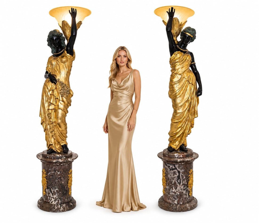 Pair of Monumental Italian Banci Firenze “Bronzi d’Arte” Gilt Bronze Figural Torchère: Size: 100” tall