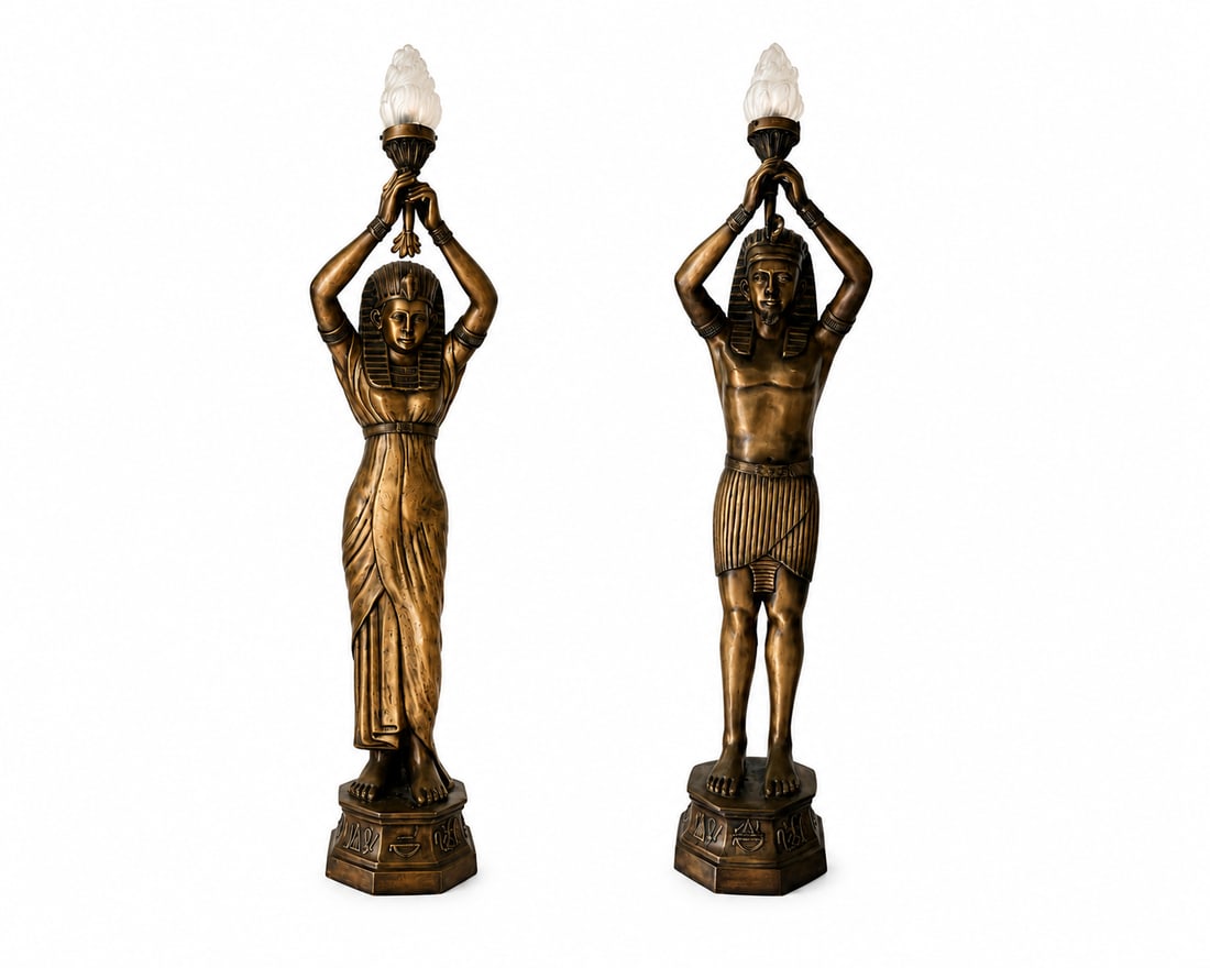 Pair of Egyptian Revival Bronze Pharaoh & Queen Torchère Floor Lamps: Size: 56” H x 14”