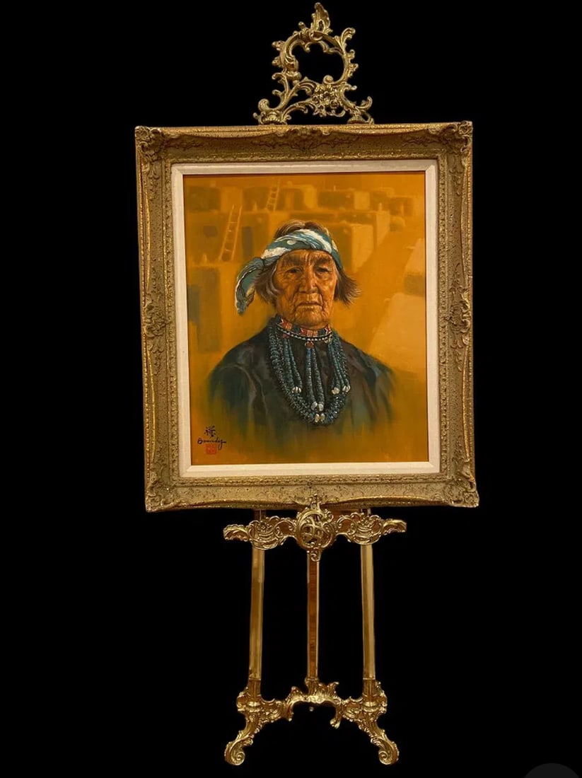 Native Indian Oil Painting by Boondy: Size: 31 in x 27 in