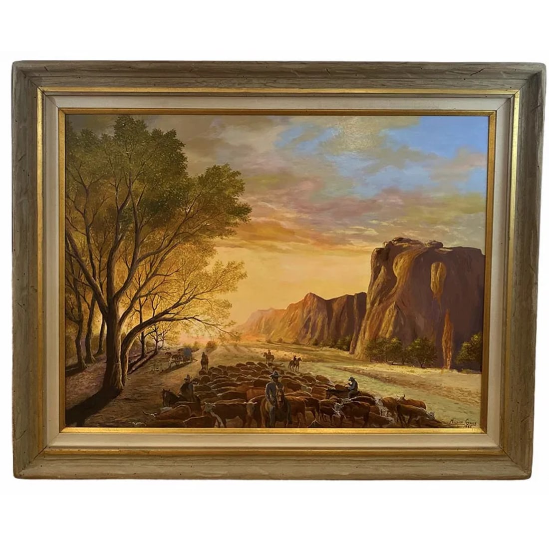 1985 Western Oregon Trail Oil Painting by Maurice Green: Oil on Panel - Western Art - Frame: 57 L x 45 Painting: 47 x 35 in H