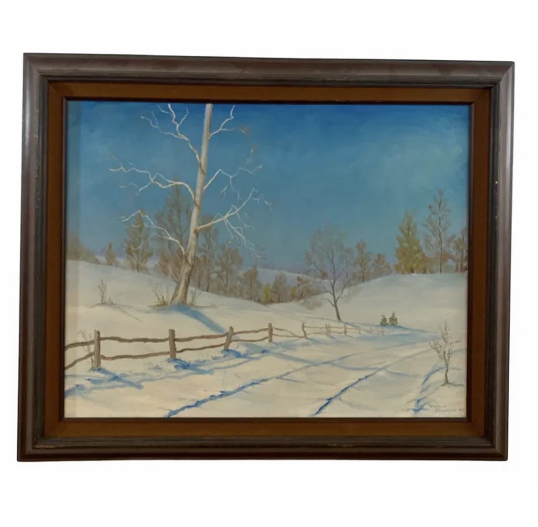 1969 Winter Landscape by Ronald Johnson Oil Painting on Canvas: Frame: 34 in Lx 28in H
