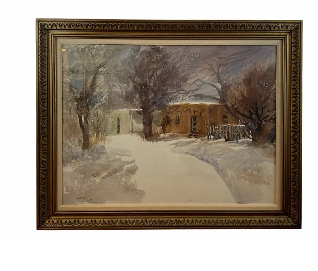 Winter Wind Adobe Town Watercolor Painting by Garoutte ASAI: frame: 48 in H x 38 in H