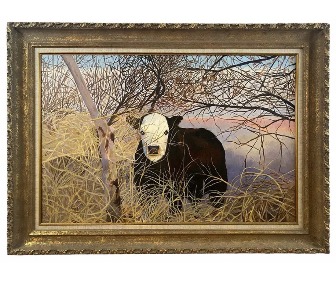 By Tom Darrah Cow Oil on Canvas Painting: Frame: 43 x 31 - Painting: 35 in L x 23 in H Tom Darrah began his artistic journey at the Pennsylvania Academy of Fine Arts, the Fleisher Art Memorial, and the Hussian School of Art. Thank