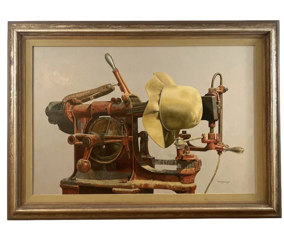 1981 Oil on Panel by Walt Johnston: Frame: 44 in H x 32 in - Painting: 35 1/2 x 23 1/2 ***** Walt Johnston was a contemporary realist. He looked at everything in the most modern way, saw the underlying abstract form, then brought that v