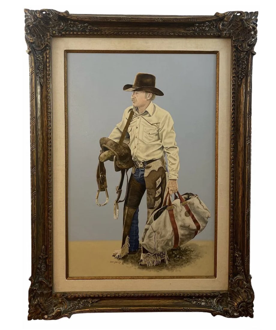 1983 Cowboy Oil on Panel by Walt Johnston: Frame: 46 in H x 35 in - Painting: 35 in H x 23 in L ***** Walt Johnston was a contemporary realist. He looked at everything in the most modern way, saw the underlying abstract form, then brought that