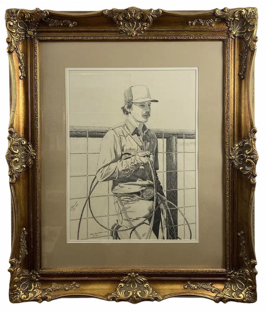 Cowboy Pencil Art Drawing by Walt Johnston: Frame: 40 in H x 34 in L -Drawing Size: 18 in Lx 24 in H **********1932-2018Simply put, Walt Johnston was a contemporary realist. He looked at everything in the most modern way, saw the underlying abs