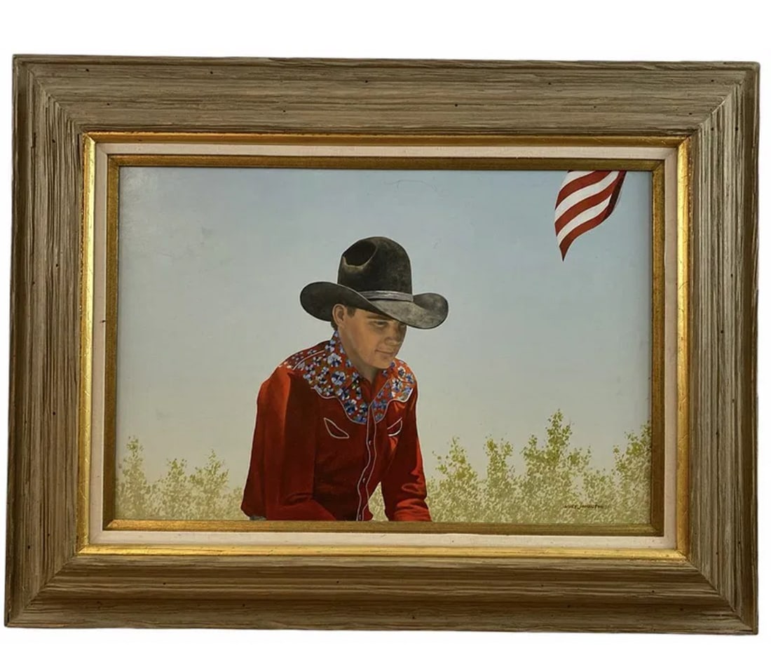 American Cowboy Oil on Panel by Walt Johnston: Frame: 34in L x 26 in L- Painting: 24 in L x 16 in H in ****** 1932-2018Simply put, Walt Johnston was a contemporary realist. He looked at everything in the most modern way, saw the underlying