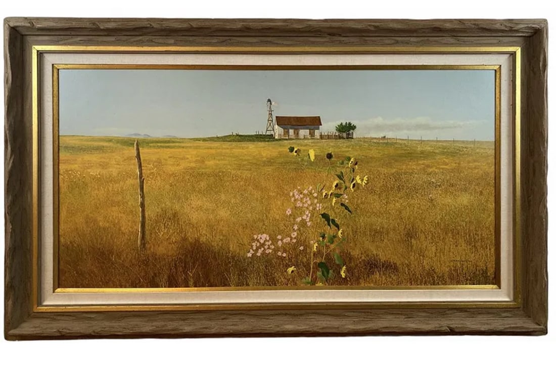 Huge Landscape Oil Painting by Walt Johnston: Frame: 58 in L x 34 in Painting Size : 48 x 34 ****Walt Johnston ( 1932-2018) was a contemporary realist. He looked at everything in the most modern way, saw the underlying abstract form, then