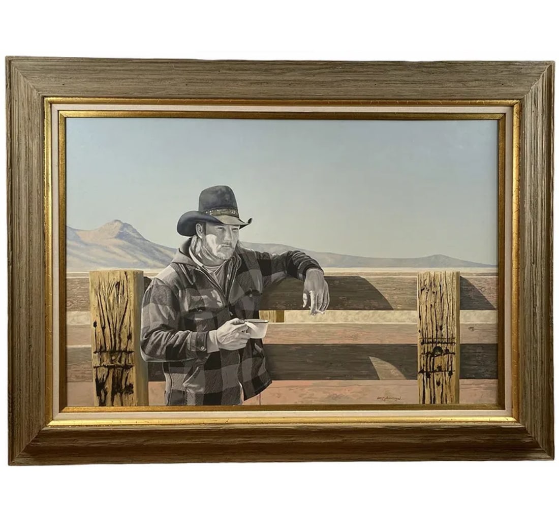 1983 Cowboy, Coffee and Cigarette Oil Painting by Walt Johnston: Frame : 46 in L x 36 in H - Painting: 35 1/2 in x 23 1/2 ****Walt Johnston ( 1932-2018) was a contemporary realist. He looked at everything in the most modern way, saw the underlying abstract form,