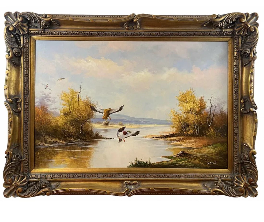 1991 Flying Ducks Oil Painting by Clark: Frame: 45 in H x 33 in L