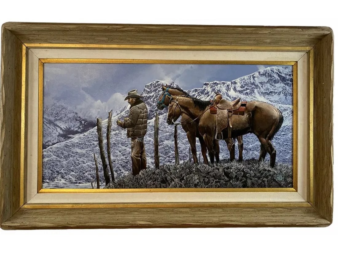 Cowboy Oil Painting by Hector Morales: Oil on Canvas - Frame 47 in L x 28 in H - Painting: 36 in L x 18 in H ****About HectorHector Moralesspecializes in southwestern art, and has been painting for almost fifty years. His specialities incl