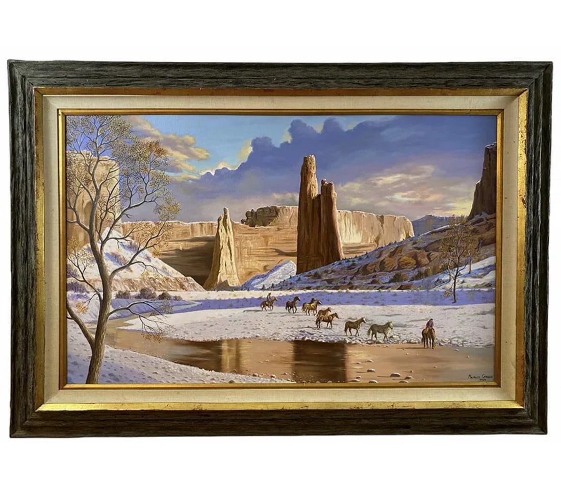 1986 Large Impressive Landscape Oil Painting by Maurice Green: 60 in L x 42 in H - Painting: 47 in L x 29 in H **** Oil on Panel by famous Albuquerque artist Maurice Green who lived and worked in Albuquerque until he passed in 2000. Its oil on Canvas and signed "