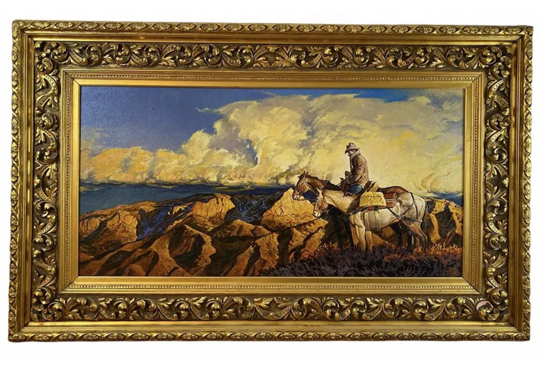 Landscape Western Oil Painting by Hector Morales: Solid Frame - Frame: 62 in L x 40In H - Painting : 47 in L x 23 in H ***** About HectorHector Moralesspecializes in southwestern art, and has been painting for almost fifty years. His specialities inc