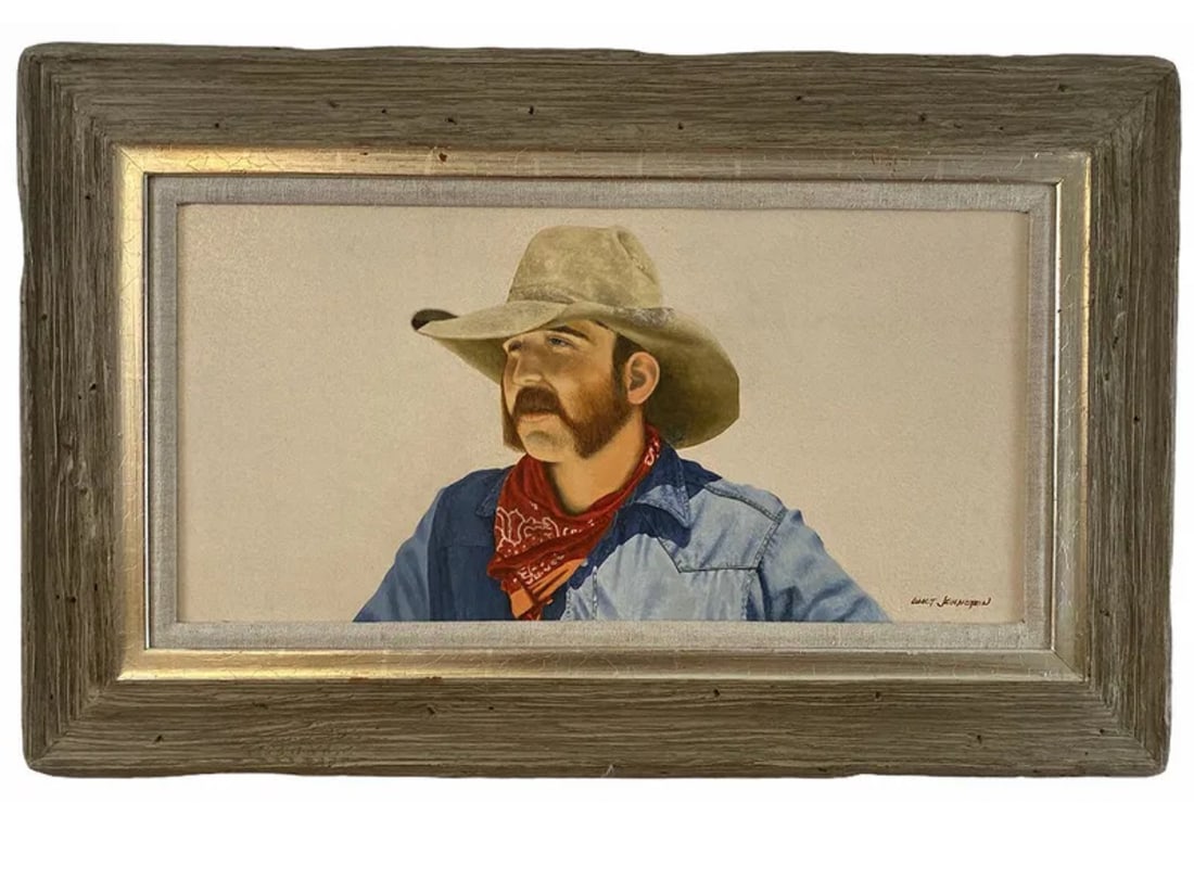 Cowboy Oil Painting by Wat Johnston: Frame: 32 L in X 21 in H -