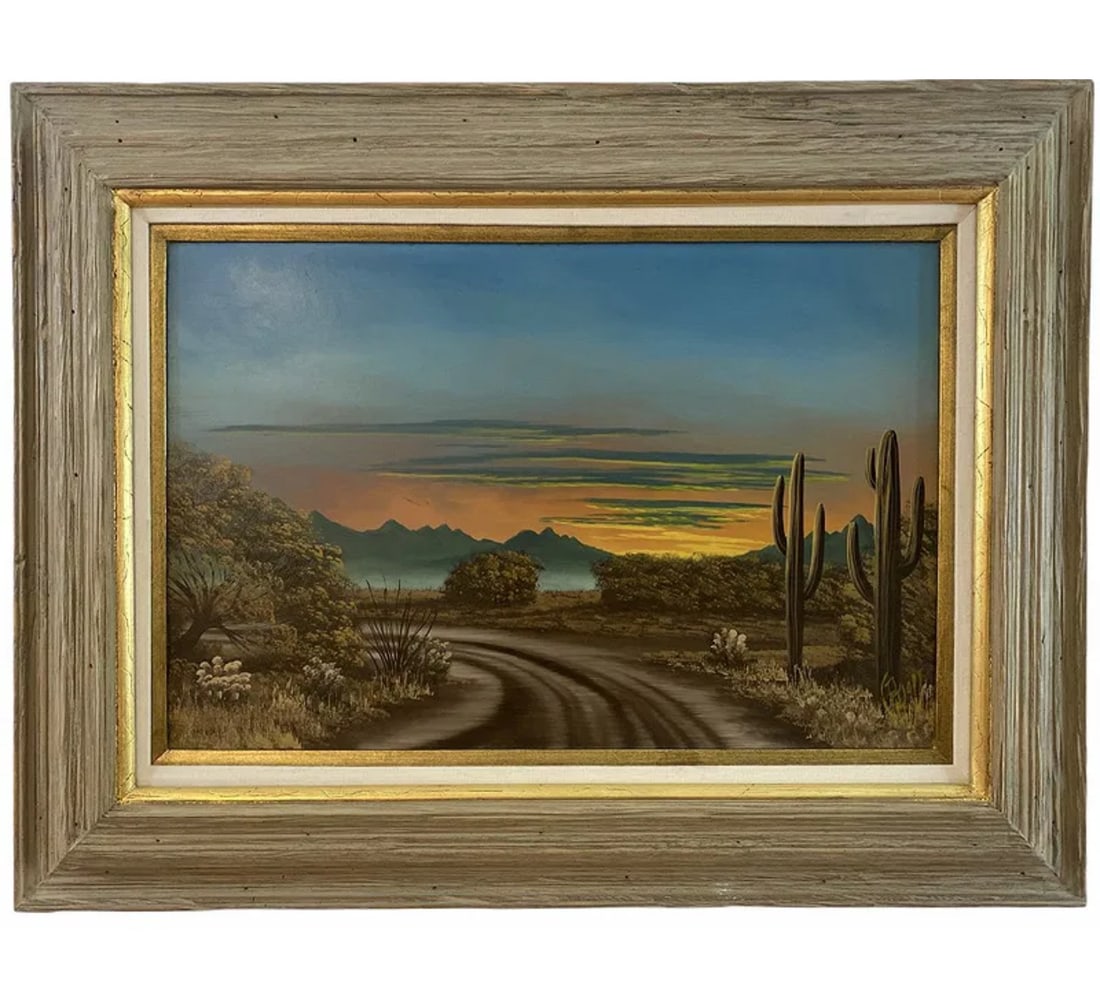 Landscape Cactus Desert Oil Painting Signed: Oil on Panel - Frame: 34 in L x 26 - Painting: 23 in L x 16 in H ****